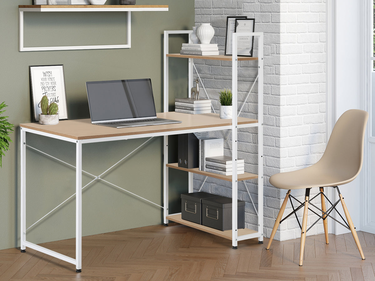 William 120cm Computer Desk with Bookshelf - White + Natural