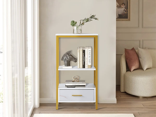 Ross Storage Shelf With Drawer - White + Gold