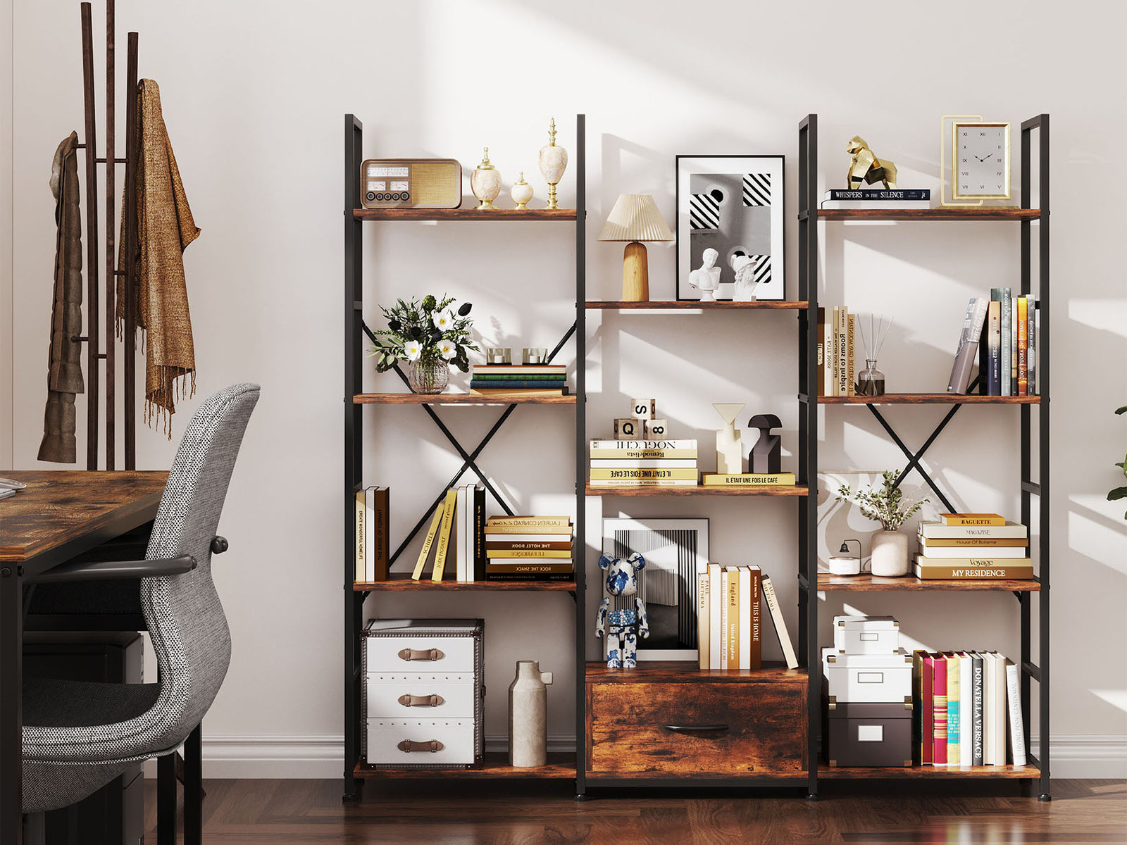 Auroa 4 Tier Bookshelf with Drawer - Rustic Brown