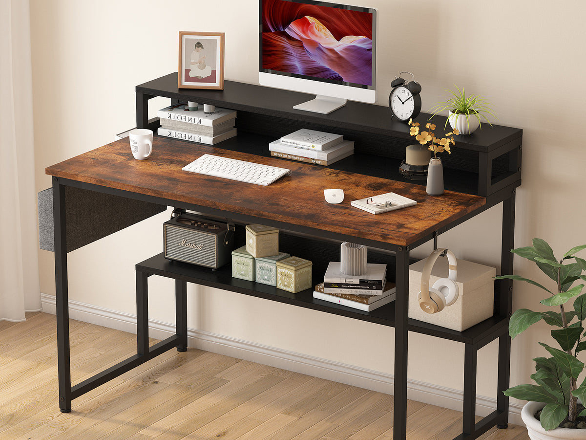 Robert 120cm Computer Desk with Storage - Rustic Brown + Black