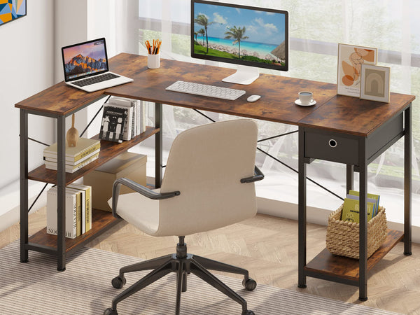 Simon Computer Corner Desk with Bookshelf - Rustic Brown
