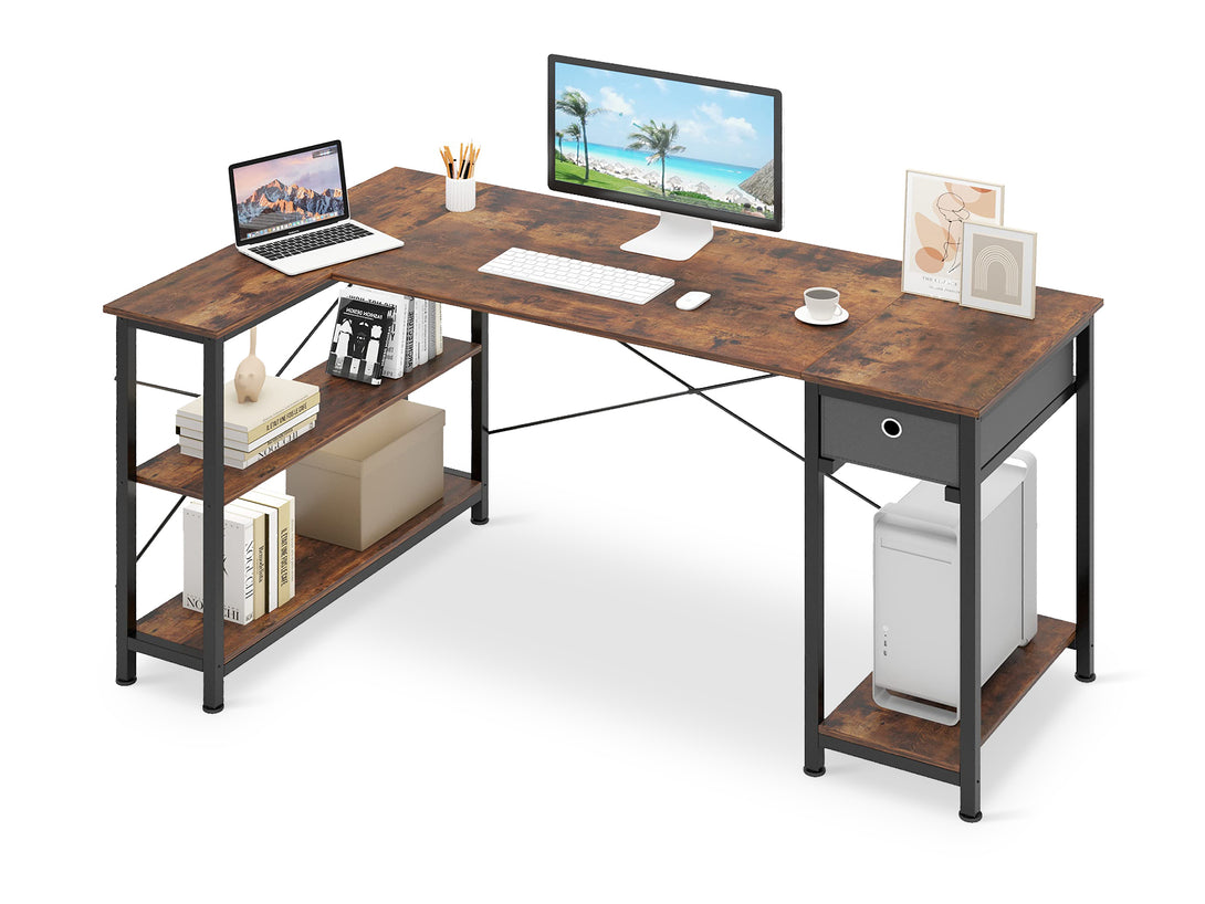 Simon Computer Corner Desk with Bookshelf - Rustic Brown