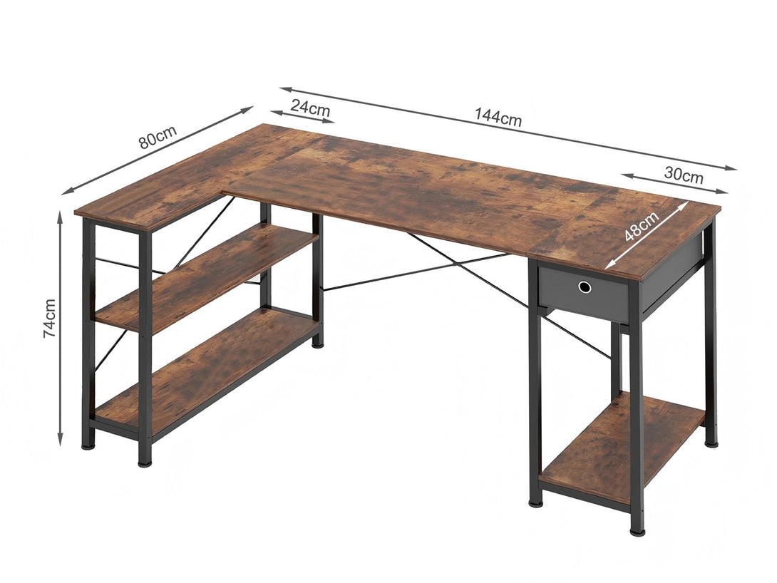 Simon Computer Corner Desk with Bookshelf - Rustic Brown