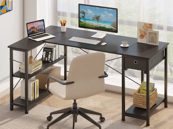 Simon Computer Corner Desk with Bookshelf - Black